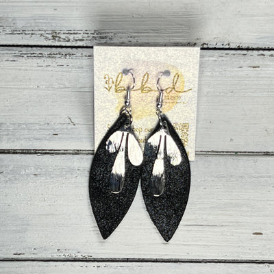 SUEDE + STEEL *Limited Edition* COLLECTION ||  Leather Earrings || SILVER BRASS LEAVES, <BR> SHIMMER BLACK