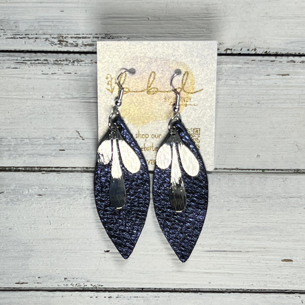 SUEDE + STEEL *Limited Edition* COLLECTION ||  Leather Earrings || SILVER BRASS LEAVES, <BR> METALLIC *NAVY BLUE
