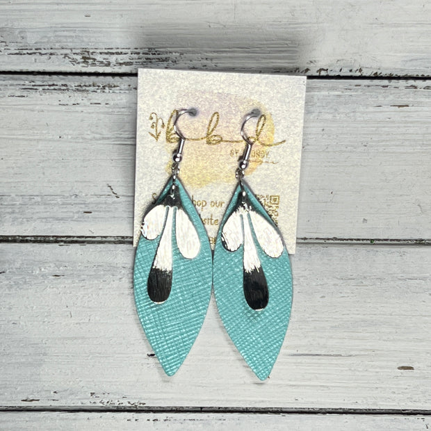SUEDE + STEEL *Limited Edition* COLLECTION ||  Leather Earrings || SILVER BRASS LEAVES, <BR> AQUA SAFFIANO