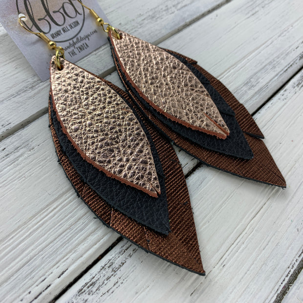 INDIA - Leather Earrings   ||  <BR>  METALLIC ROSE GOLD PEBBLED,  <BR> MATTE BLACK,  <BR> METALLIC BRONZE SAFFIANO