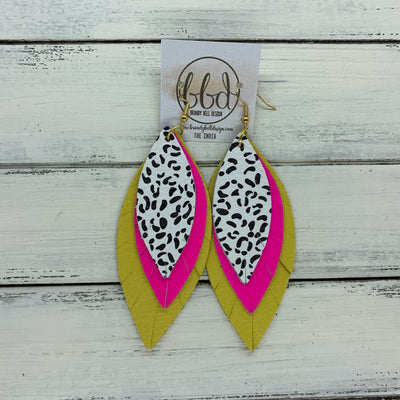 INDIA - Leather Earrings   ||  <BR>  BLACK & WHITE CHEETAH PRINT,  <BR> MATTE NEON PINK,  <BR> MATTE YELLOW