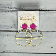 SUEDE + STEEL *Limited Edition* || Leather Earrings || POST WITH BRASS HOOP  || <BR> NEON PINK GLITTER ON CORK