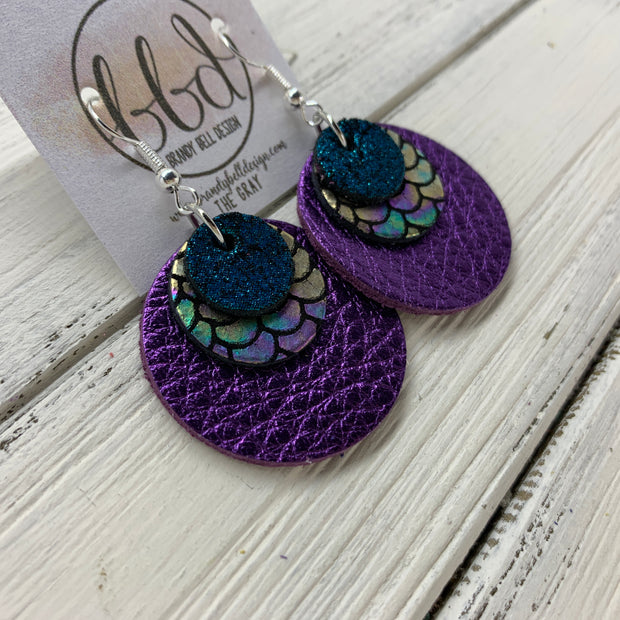 GRAY - Leather Earrings  ||    <BR>SHIMMER TEAL, <BR> METALLIC ANTIQUE MERMAID,  <BR> METALLIC PURPLE PEBBLED