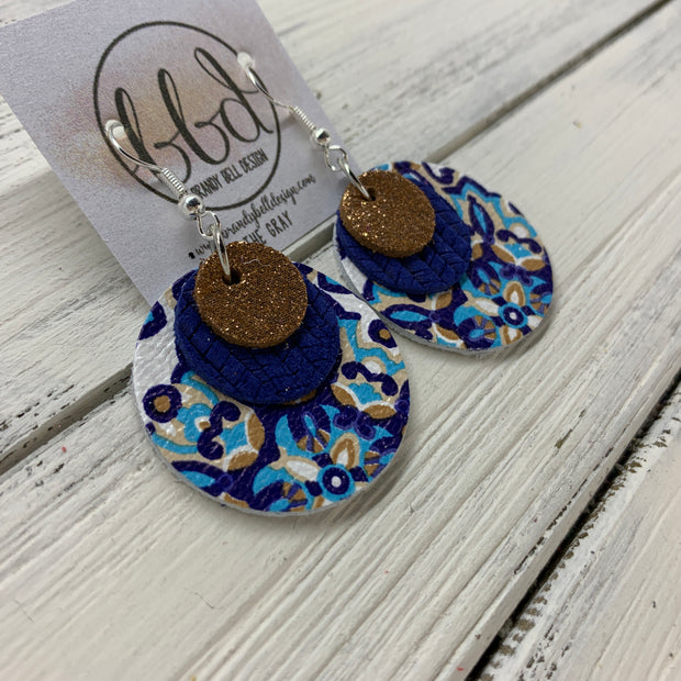 GRAY - Leather Earrings  ||    <BR>SHIMMER COPPER ON TOAST, <BR> MATTE COBALT PALM LEAVES,  <BR> MOROCCAN TILE