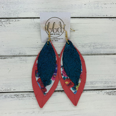 INDIA - Leather Earrings   ||  <BR>  SHIMMER TEAL,  <BR> MULTICOLOR FLORAL ON WHITE,  <BR> MATTE CORAL/PINK