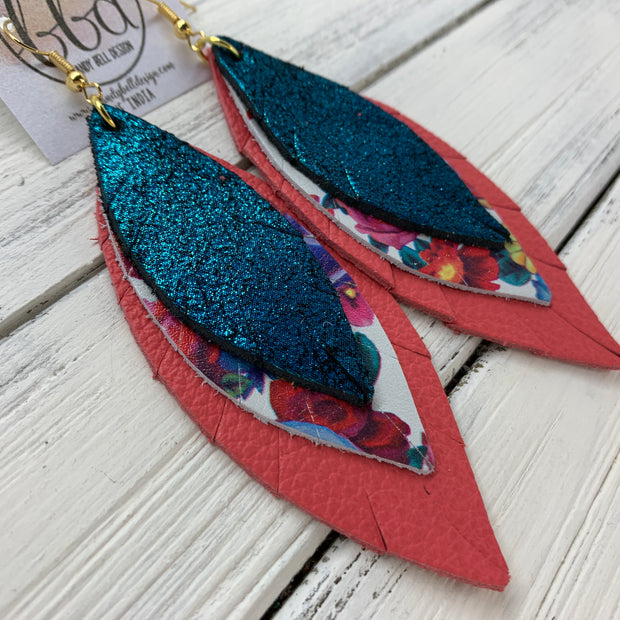 INDIA - Leather Earrings   ||  <BR>  SHIMMER TEAL,  <BR> MULTICOLOR FLORAL ON WHITE,  <BR> MATTE CORAL/PINK