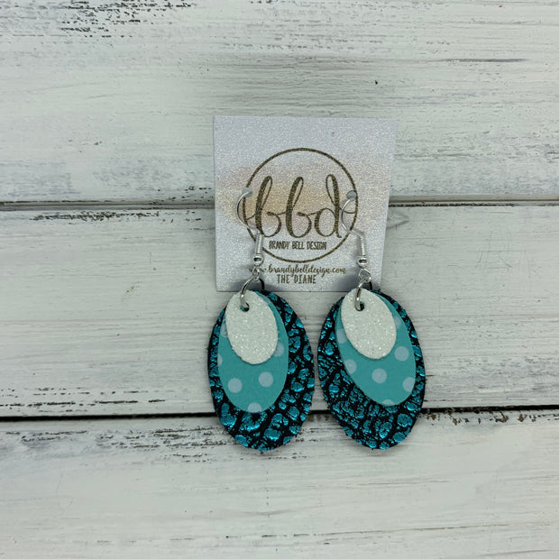 DIANE - Leather Earrings  ||    <BR> FINE WHITE GLITTER (FAUX LEATHER) , <BR> AQUA WITH WHITE POLKADOTS, <BR> AQUA BISON