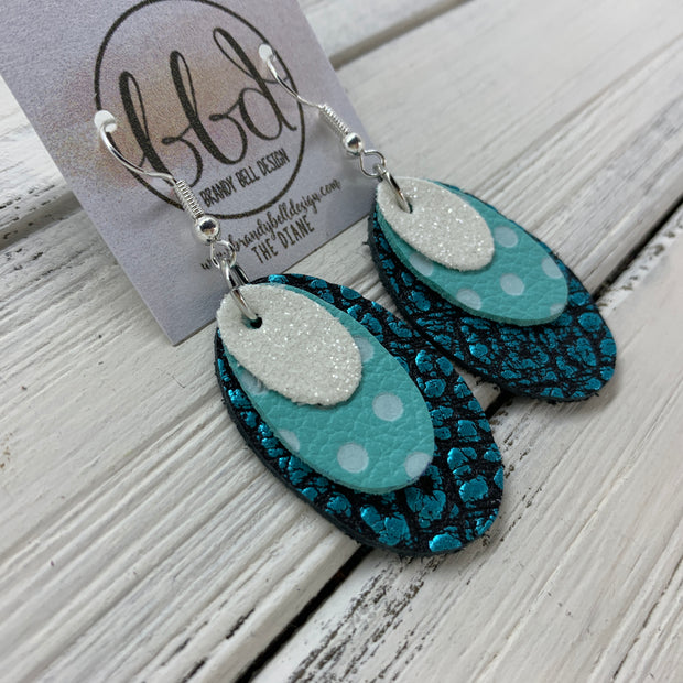 DIANE - Leather Earrings  ||    <BR> FINE WHITE GLITTER (FAUX LEATHER) , <BR> AQUA WITH WHITE POLKADOTS, <BR> AQUA BISON