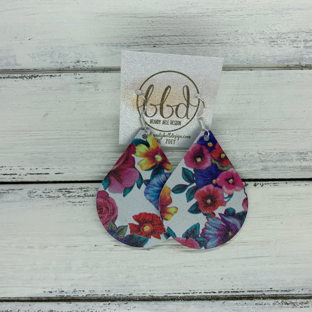 ZOEY (3 sizes available!) -  Leather Earrings  ||   MULTICOLOR FLORAL ON WHITE