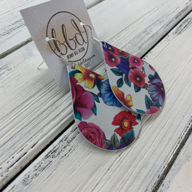 ZOEY (3 sizes available!) -  Leather Earrings  ||   MULTICOLOR FLORAL ON WHITE