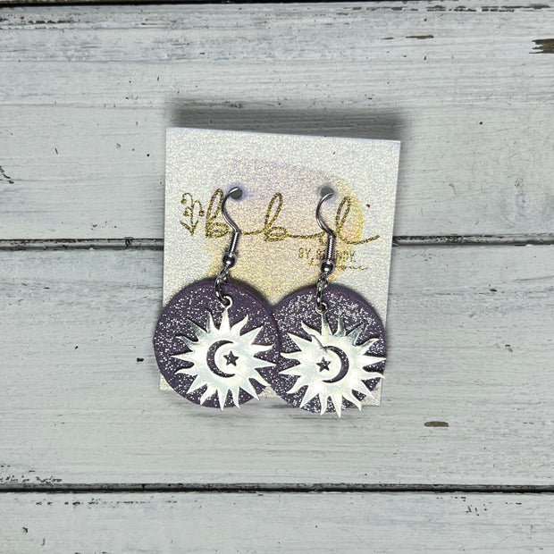 SUEDE + STEEL *Limited Edition* COLLECTION || Leather Earrings ||  <br> SILVER METAL SUN, MOON & STARS || <br> SHIMMER LAVENDER
