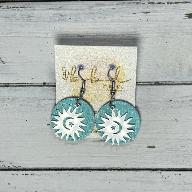 SUEDE + STEEL *Limited Edition* COLLECTION || Leather Earrings ||  <br> SILVER METAL SUN, MOON & STARS || <br> AQUA SAFFIANO