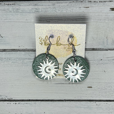 SUEDE + STEEL *Limited Edition* COLLECTION || Leather Earrings ||  <br> SILVER METAL SUN, MOON & STARS || <br> SHIMMER MINT