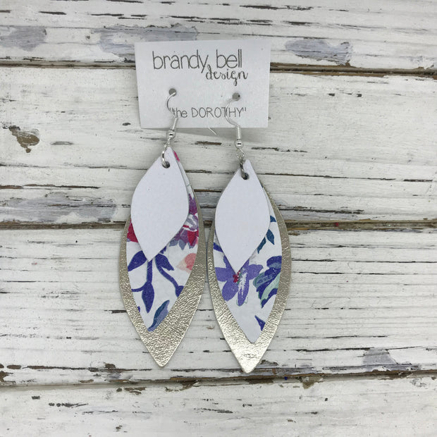 DOROTHY - Leather Earrings  ||  MATTE WHITE, BLUE FLORAL ON WHITE, METALLIC CHAMPAGNE SMOOTH