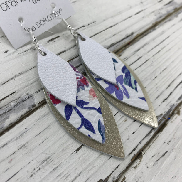 DOROTHY - Leather Earrings  ||  MATTE WHITE, BLUE FLORAL ON WHITE, METALLIC CHAMPAGNE SMOOTH