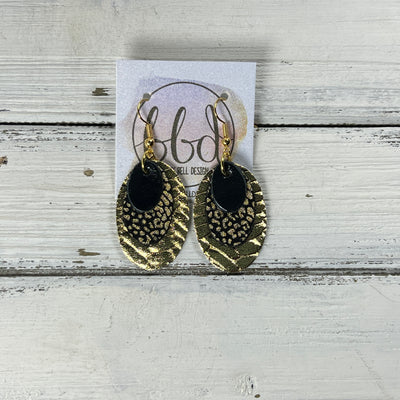 DIANE -  Leather Earrings  ||   <BR> METALLIC BLACK SMOOTH, <BR> BLACK & GOLD MINI CHEETAH, <BR> METALLIC GOLD BRAID