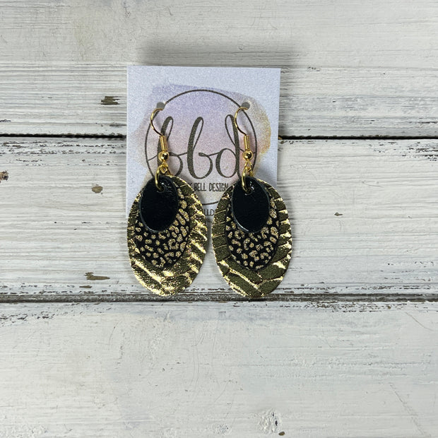 DIANE -  Leather Earrings  ||   <BR> METALLIC BLACK SMOOTH, <BR> BLACK & GOLD MINI CHEETAH, <BR> METALLIC GOLD BRAID