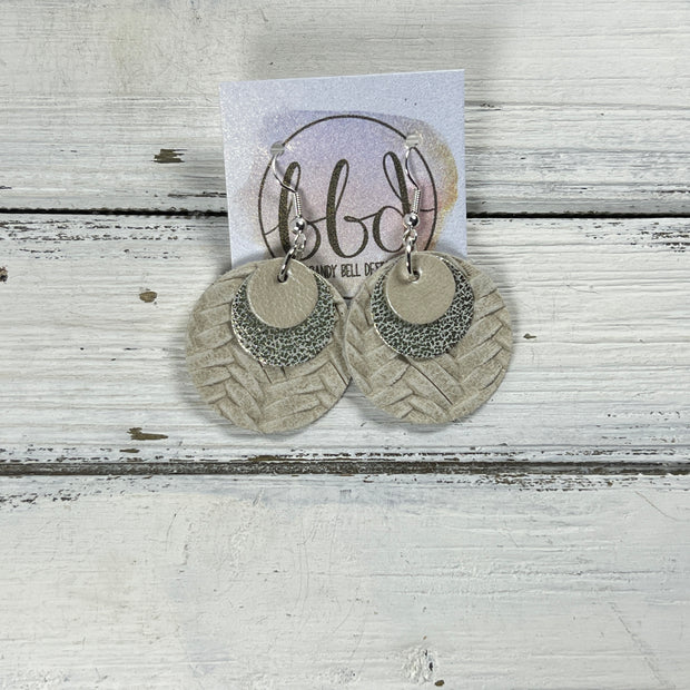 GRAY -  Leather Earrings  ||   <BR> PEARL WHITE, <BR> CHAMPAGNE SHIMMER SPOTS, <BR> IVORY BRAID
