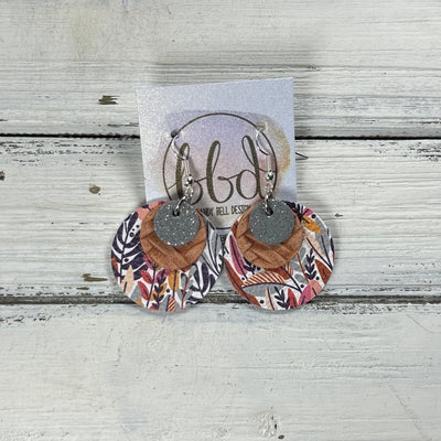 GRAY -  Leather Earrings  ||   <BR> SHIMMER GRAY, <BR> SALMON BRAID, <BR> AUTUMN TROPICAL FLORAL