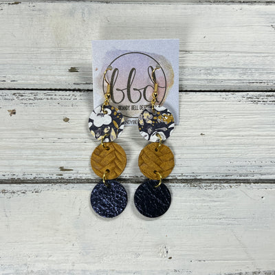 DAISY -  Leather Earrings  ||   <BR> POPPY FLORAL ON NAVY, <BR> MUSTARD BRAID, <BR> METALLIC NAVY BLUE PEBBLED