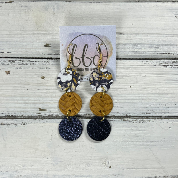 DAISY -  Leather Earrings  ||   <BR> POPPIES FLORAL ON NAVY, <BR> MUSTARD BRAID, <BR> METALLIC NAVY BLUE PEBBLED