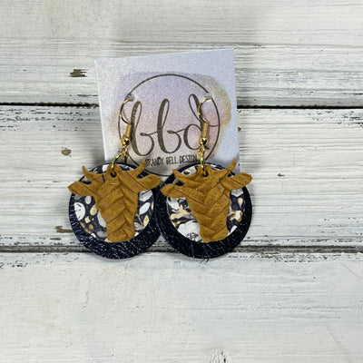 COW - Leather Earrings  ||   <BR> MUSTARD BRAID, <BR> POPPIES FLORAL ON NAVY, <BR> METALLIC NAVY BLUE PEBBLED