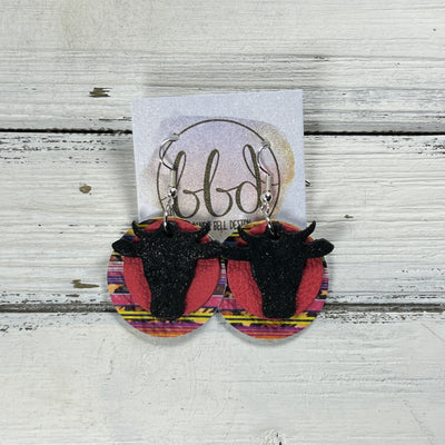 COW -  Leather Earrings  ||   <BR>, SHIMMER BLACK, <BR> MATTE CORAL/PINK, <BR> SERAPE STRIPE