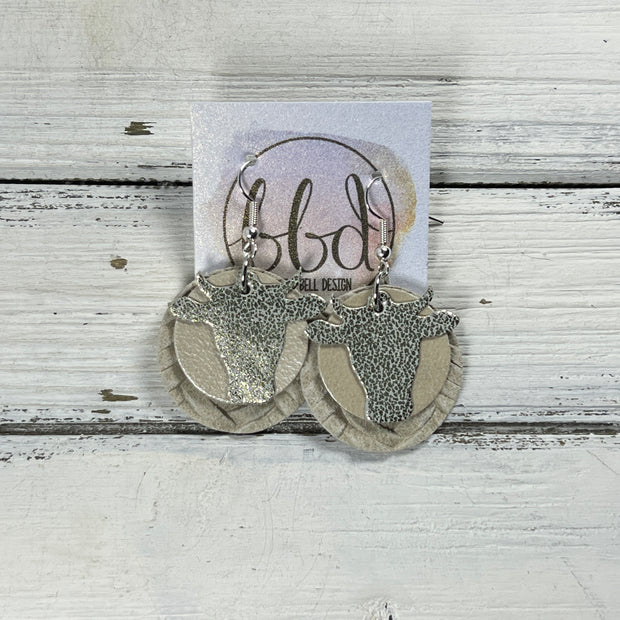COW -  Leather Earrings  ||   <BR> CHAMPAGNE SHIMMER SPOTS, <BR> PEARL WHITE, <BR> IVORY BRAID