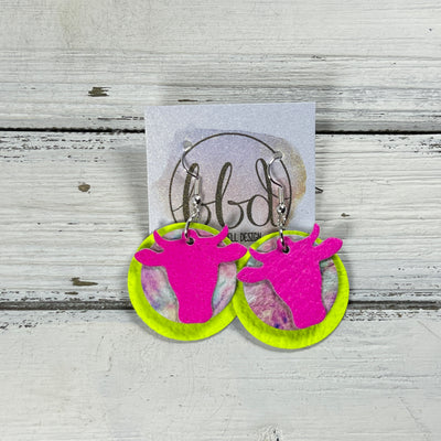 COW -  Leather Earrings  ||   <BR> NEON PINK, <BR> TIE-DYE, <BR> MATTE NEON YELLOW