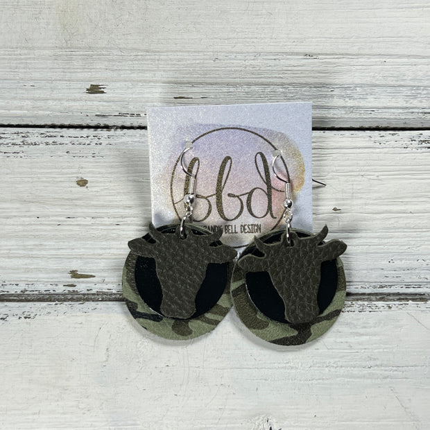 COW -  Leather Earrings  ||   <BR> MATTE OLIVE GREEN, <BR> METALLIC BLACK SMOOTH, <BR> FERN CAMO