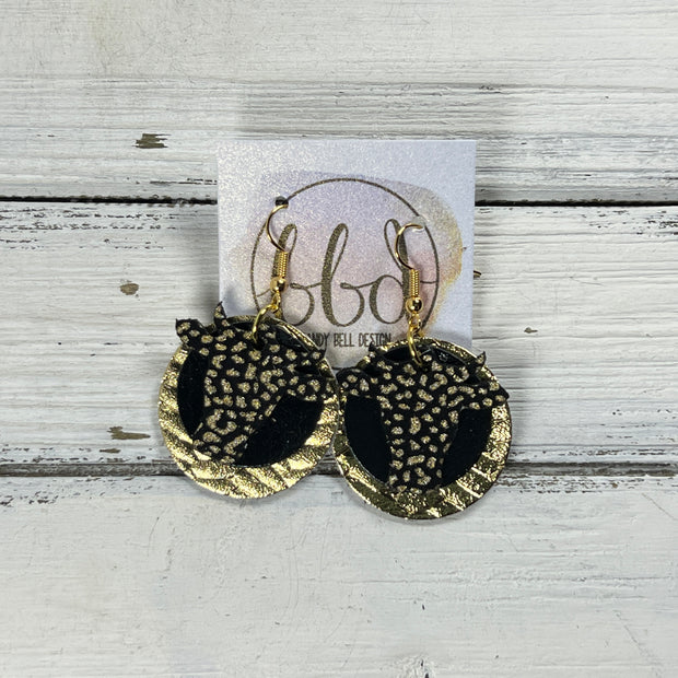 COW -  Leather Earrings  ||   <BR> BLACK & GOLD MINI LEOPARD, <BR> METALLIC BLACK SMOOTH, <BR> METALLIC GOLD BRAID