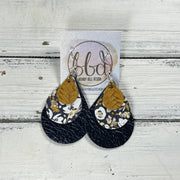LINDSEY - Leather Earrings  ||   <BR> MUSTARD BRAID, <BR> POPPIES FLORAL ON NAVY, <BR> METALLIC NAVY BLUE PEBBLED