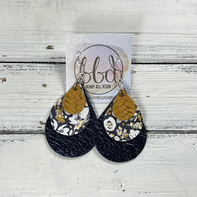 LINDSEY - Leather Earrings  ||   <BR> MUSTARD BRAID, <BR> POPPIES FLORAL ON NAVY, <BR> METALLIC NAVY BLUE PEBBLED