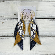 ANDY - Leather Earrings  ||   <<BR> POPPIES FLORAL ON NAVY, BR> MUSTARD BRAID, <BR> METALLIC NAVY BLUE PEBBLED