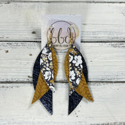 ANDY - Leather Earrings  ||   <<BR> POPPY FLORAL ON NAVY, BR> MUSTARD BRAID, <BR> METALLIC NAVY BLUE PEBBLED