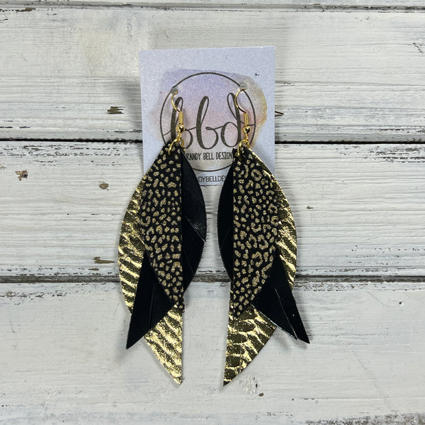 ANDY -  Leather Earrings  ||   <BR> BLACK & GOLD MINI CHEETAH, <BR> METALLIC BLACK SMOOTH, <BR> METALLIC GOLD BRAID