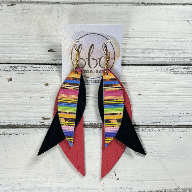 ANDY -  Leather Earrings  ||   <BR> SERAPE STRIPE, <BR>, SHIMMER BLACK, <BR> MATTE CORAL/PINK