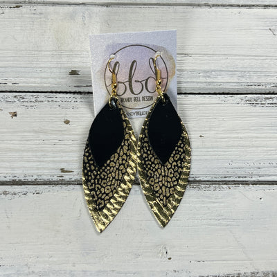 DOROTHY -  Leather Earrings  ||   <BR> METALLIC BLACK SMOOTH, <BR> BLACK & GOLD MINI CHEETAH, <BR> METALLIC GOLD BRAID