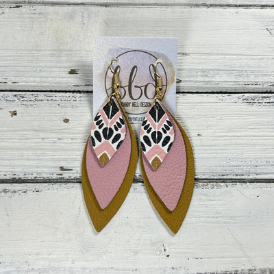 DOROTHY -  Leather Earrings  ||   <BR> PINK/MUSTARD AZTEC, <BR> MATTE LIGHT PINK, <BR> MATTE MUSTARD