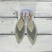 DOROTHY -  Leather Earrings  ||   <BR> PEARL WHITE,  <BR> CHAMPAGNE SHIMMER SPOTS, <BR> IVORY BRAID