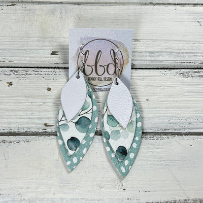 DOROTHY -  Leather Earrings  ||   <BR> MATTE WHITE, <BR>  EUCALYPTUS, <BR> DUSTY AQUA DOTS
