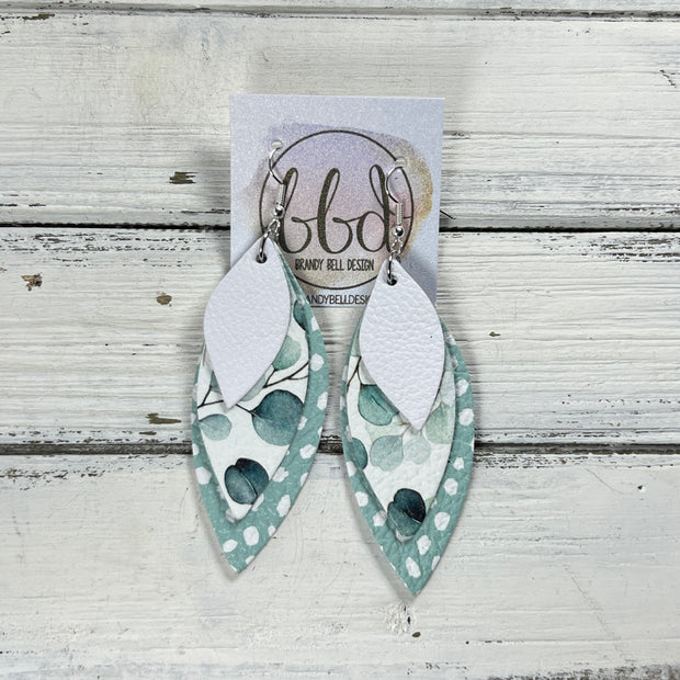 DOROTHY -  Leather Earrings  ||   <BR> MATTE WHITE, <BR>  EUCALYPTUS, <BR> DUSTY AQUA DOTS