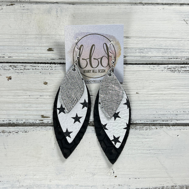 DOROTHY -  Leather Earrings  ||   <BR> SILVER SAFFIANO, <BR>WHITE WITH BLACK STARS, <BR> BLACK HONEYCOMB