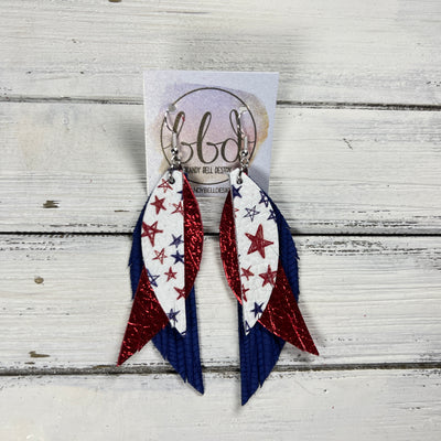 ANDY -  Leather Earrings  ||  <BR> HAND DRAWN PATRIOTIC STARS, <BR>METALLIC RED PEBBLED, <BR>COBALT BLUE PALMS