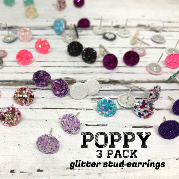 Poppy- 3 PACK (Choose your colors) - Glitter Stud Earrings SHOWN: CC: CHUNKY GREEN, AA: CHRISTMAS, BB: CHUNKY RED