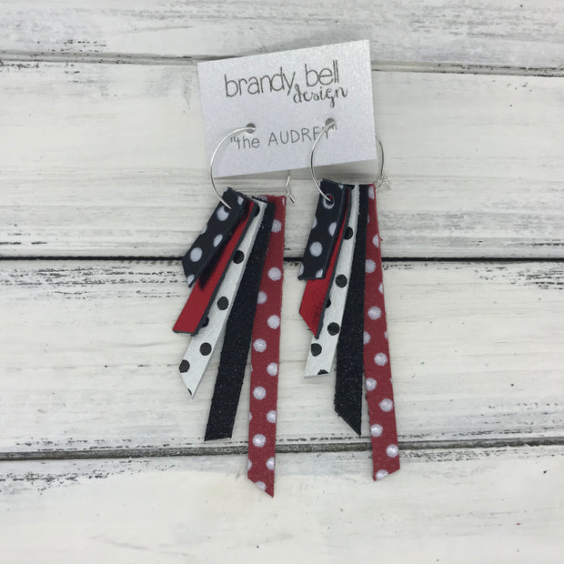 AUDREY - Leather Earrings  ||   BLACK/WHITE POLKADOTS, METALLIC RED, WHITE/BLACK POLKADOTS, SHIMMER BLACK, RED/WHITE POLKADOTS