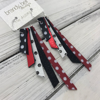 AUDREY - Leather Earrings  ||   BLACK/WHITE POLKADOTS, METALLIC RED, WHITE/BLACK POLKADOTS, SHIMMER BLACK, RED/WHITE POLKADOTS