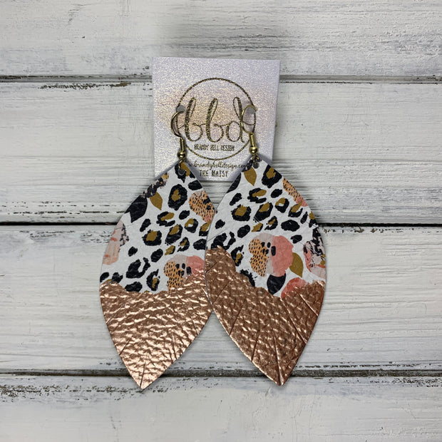 "DIPPED" MAISY (2 SIZES!) - Genuine Leather Earrings  || CORAL FLORAL CHEETAH + CHOOSE YOUR "DIPPED" FINISH