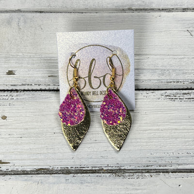 JEAN -  Leather Earrings  ||   <BR> SASSY PINK GLITTER (FAUX LEATHER), <BR> METALLIC GOLD SMOOTH