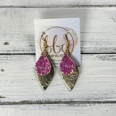 JEAN -  Leather Earrings  ||   <BR> PINK & GOLD GLITTER (FAUX LEATHER), <BR> MATTE PEACH TEXTURE